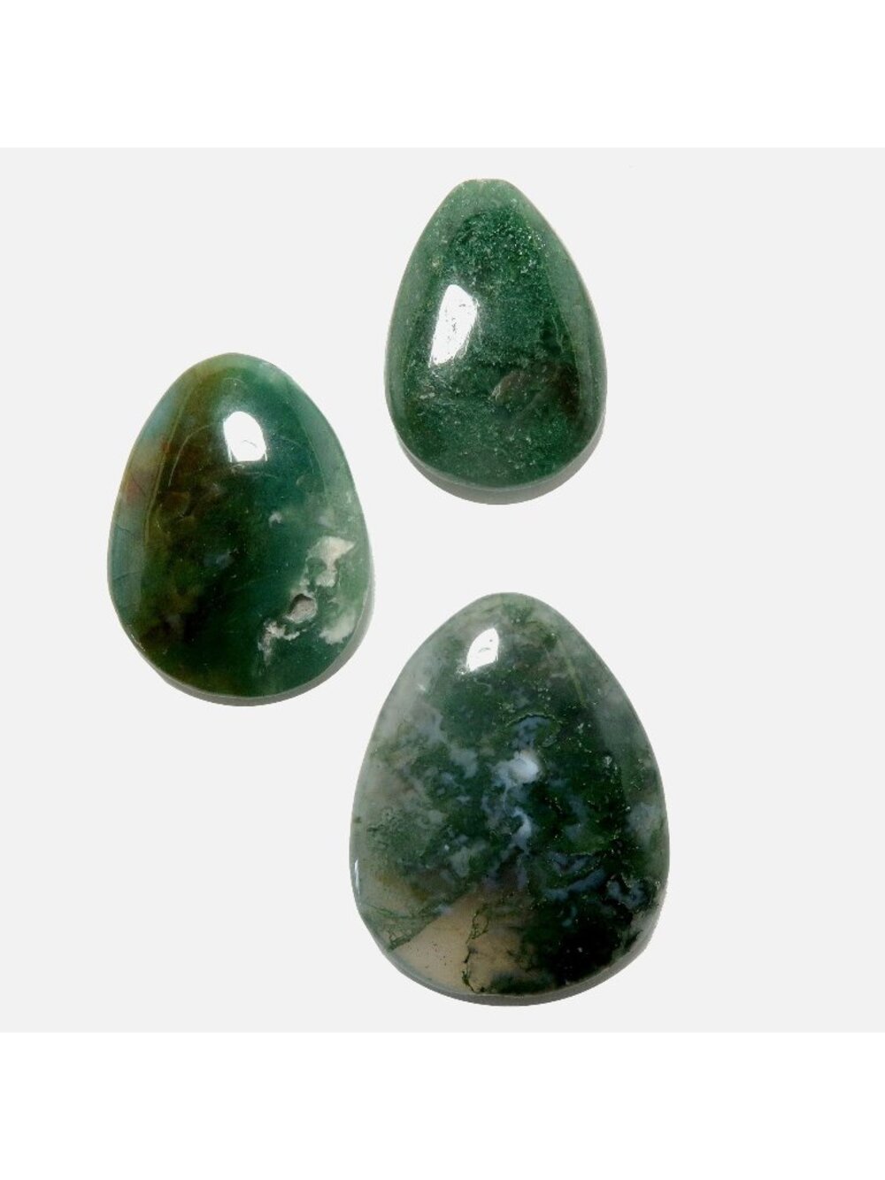 Moss Agate Set of 3 Green Pear Polished Gemstone Amulets